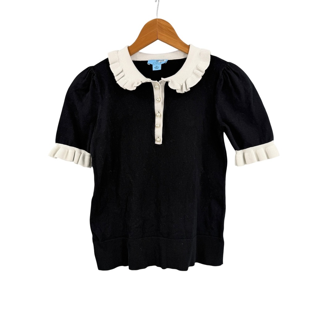 CeCe Sweater Ruffle Collar Short Sleeve Black Cream Pearl Button Size XS